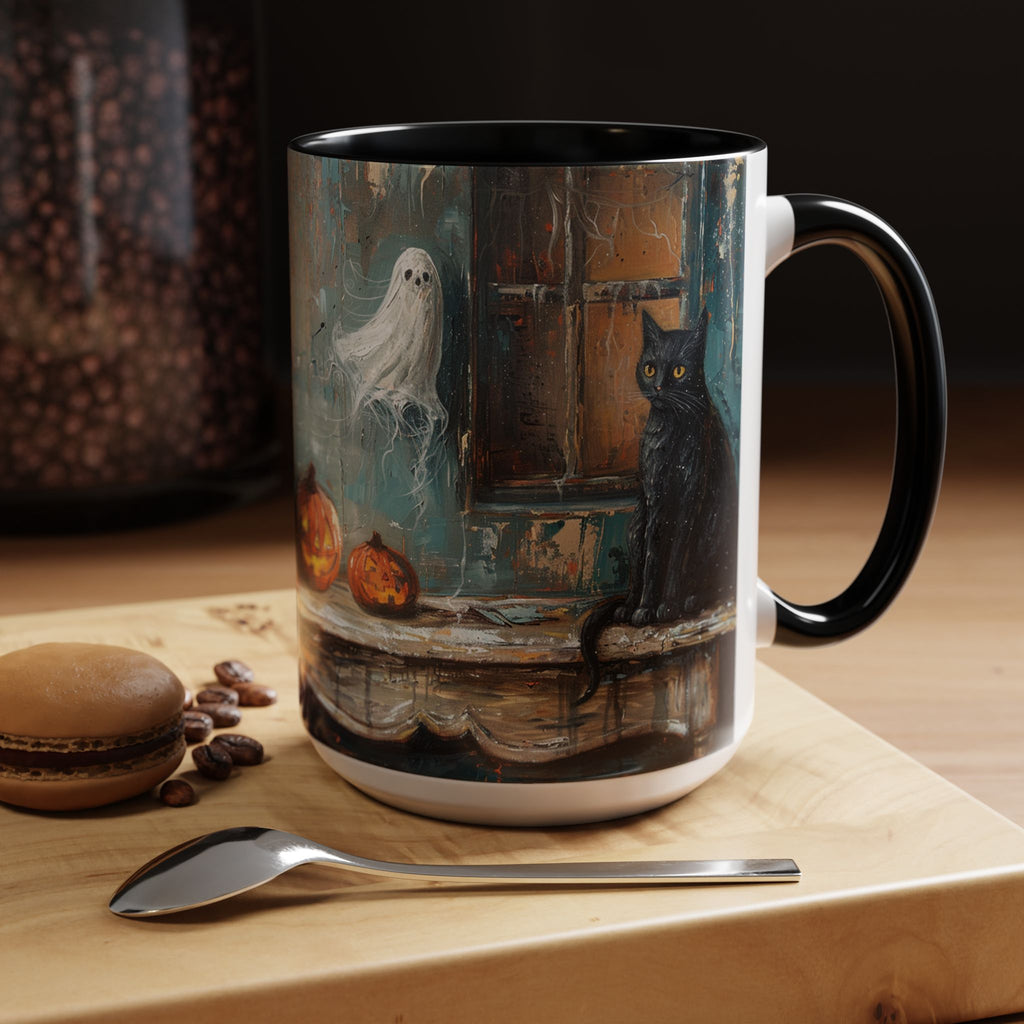 Oil Painting Cat and Ghost - Halloween Mug