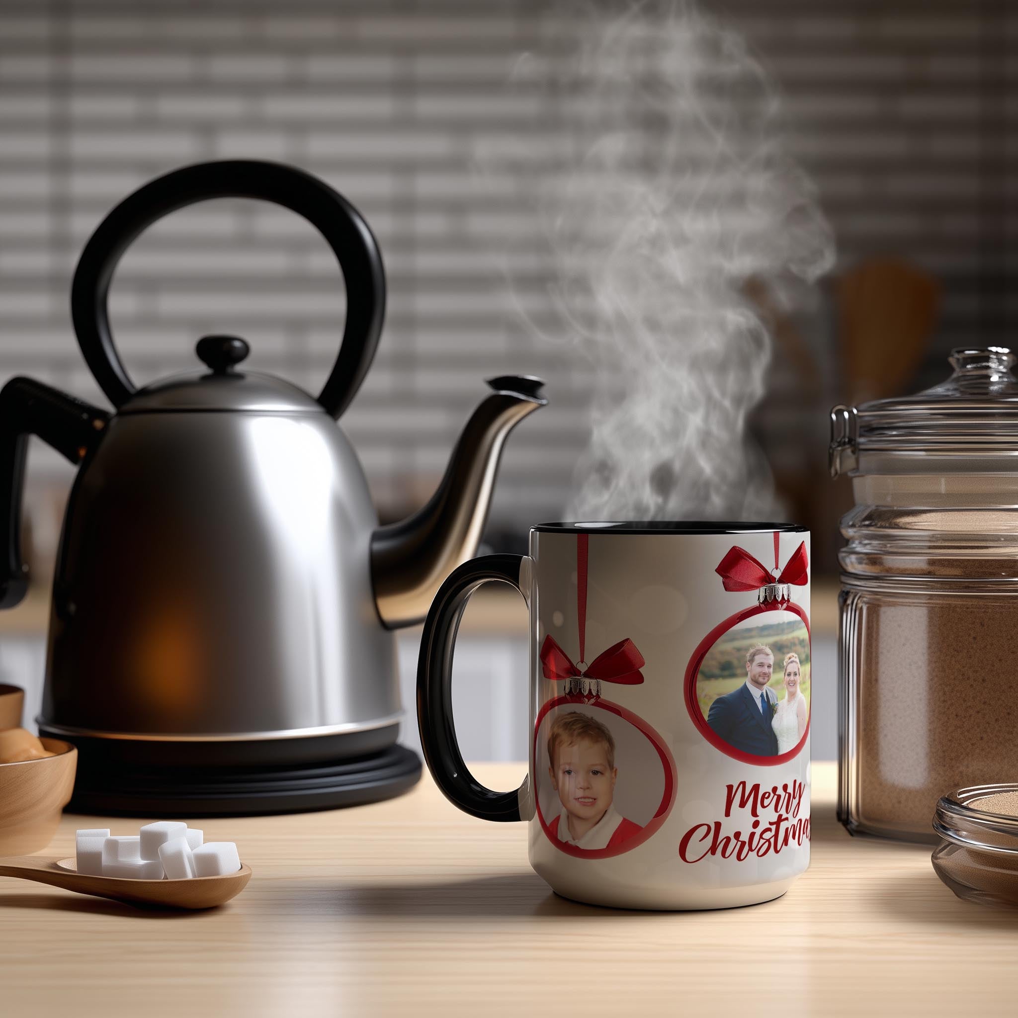 Customizable 4 Photo Mug - Merry Christmas - Tree Decoration Design