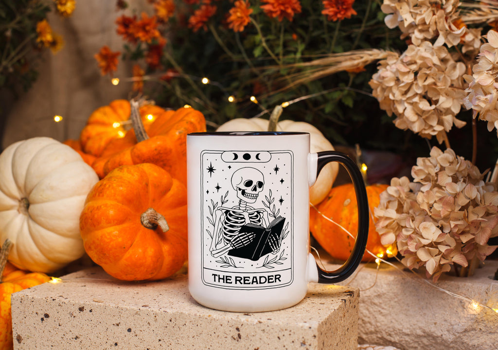 The Reader - Skeleton Tarot Card - Halloween Mug