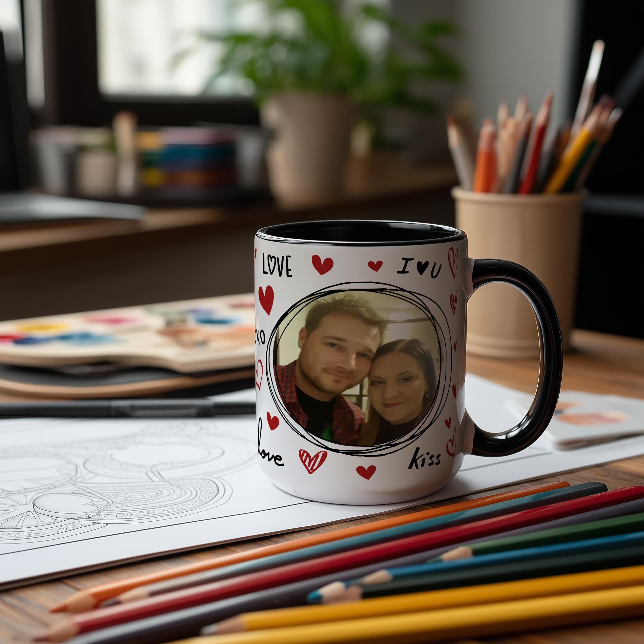 Customizable 2 Photo Mug - Love Symbols and Valentine Style Gift