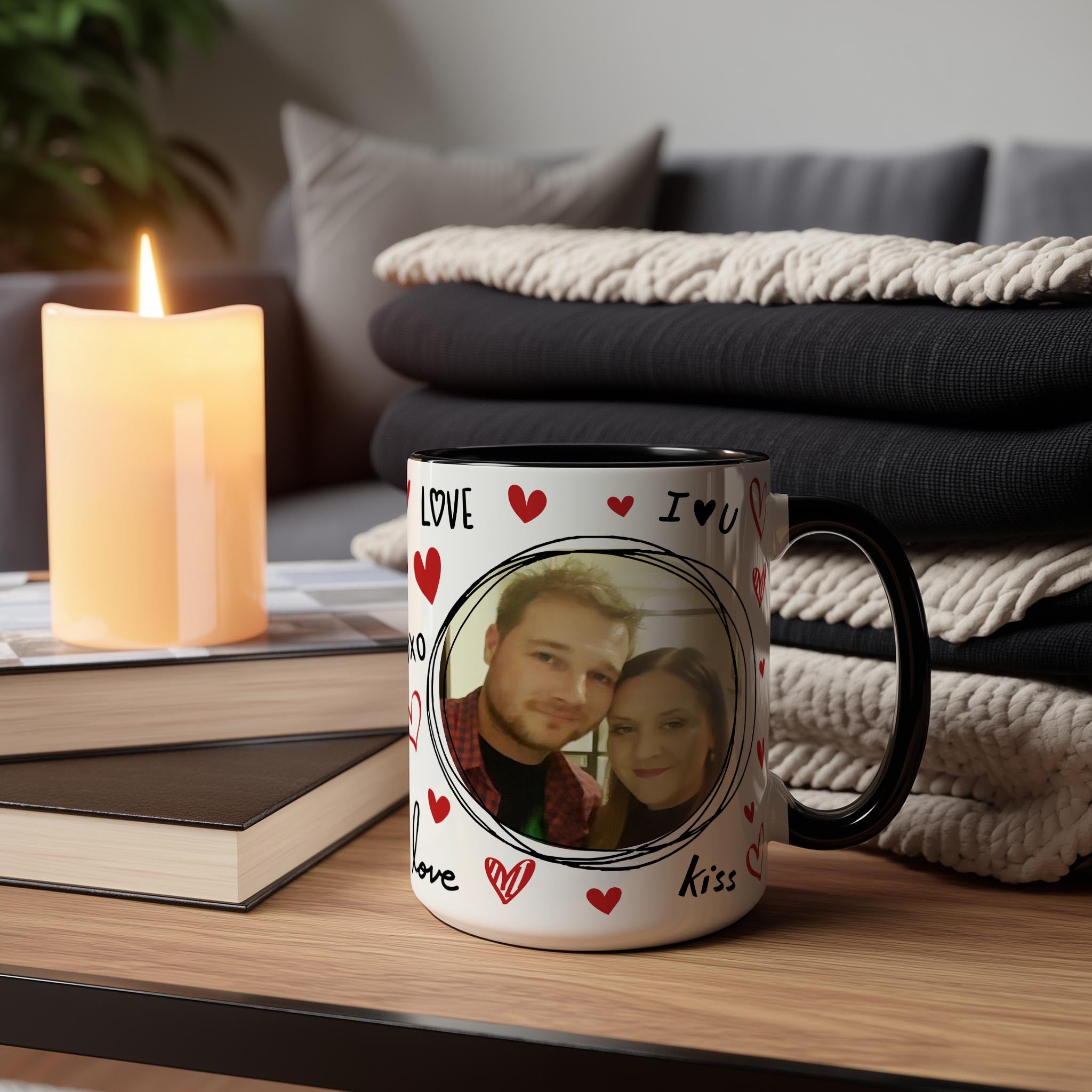Customizable 2 Photo Mug - Love Symbols and Valentine Style Gift
