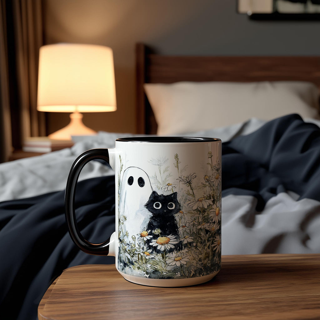 Black Cat and Ghost in the Flowers - Halloween Mug