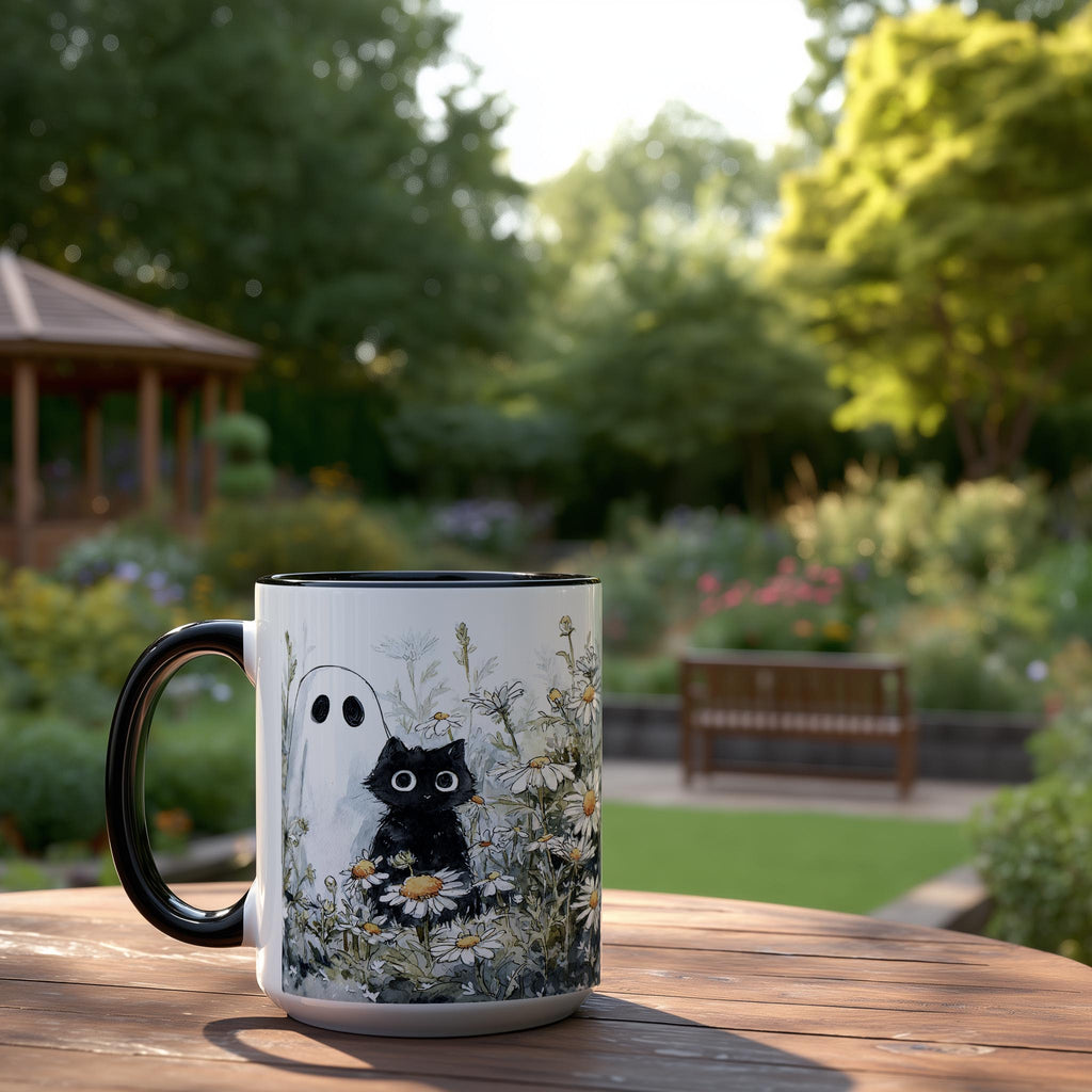 Black Cat and Ghost in the Flowers - Halloween Mug