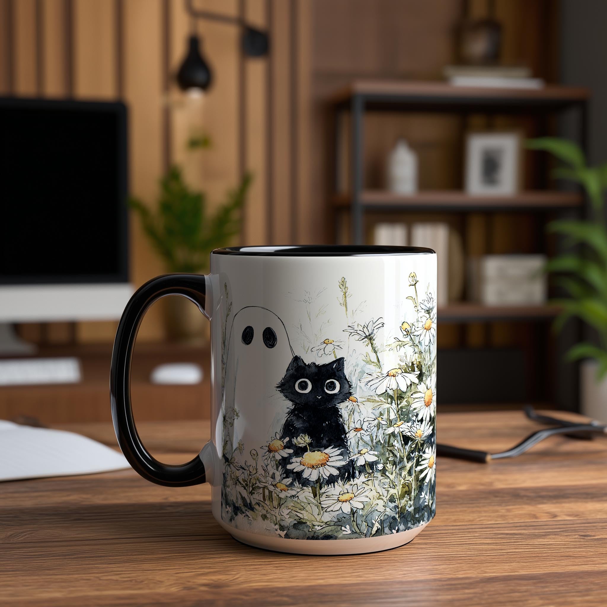Black Cat and Ghost in the Flowers - Halloween Mug