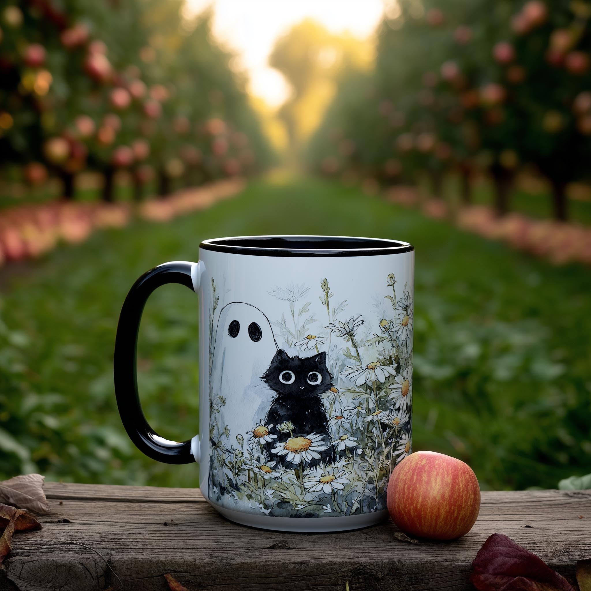 Black Cat and Ghost in the Flowers - Halloween Mug