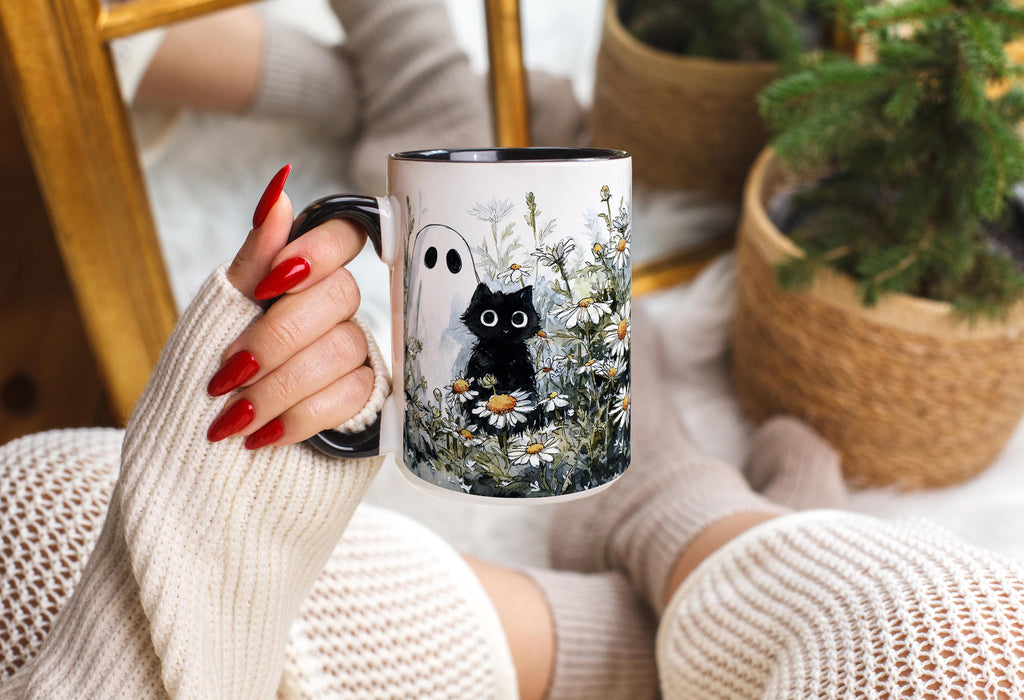 Black Cat and Ghost in the Flowers - Halloween Mug