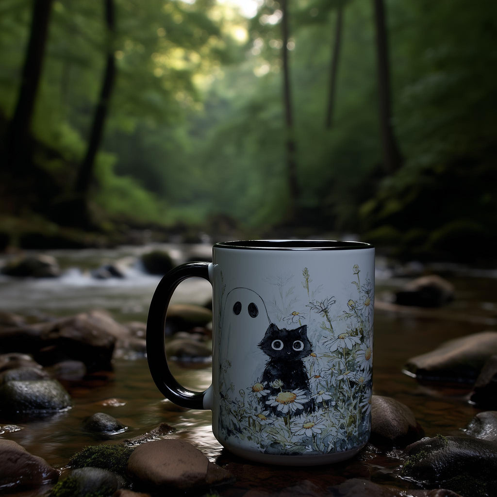 Black Cat and Ghost in the Flowers - Halloween Mug