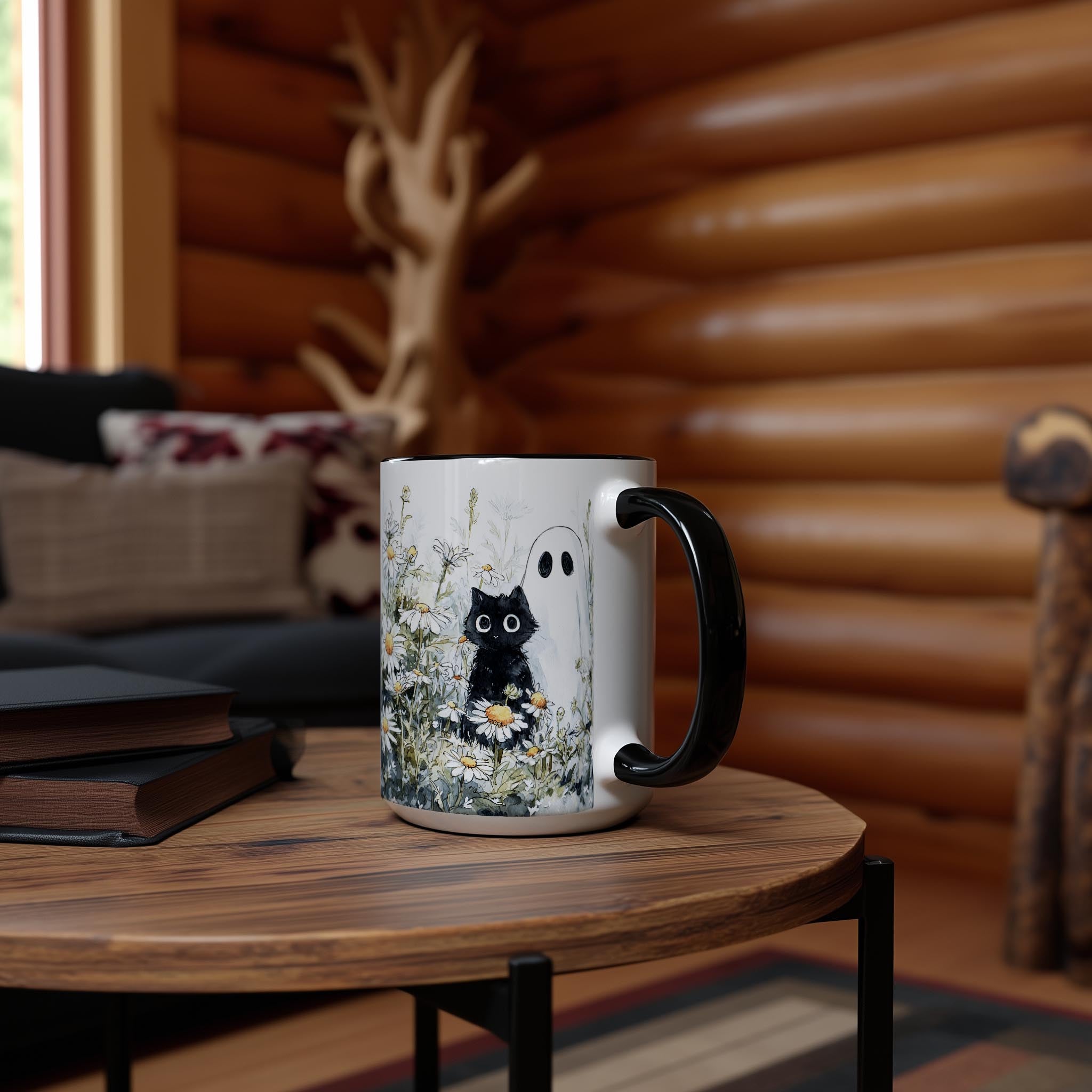 Black Cat and Ghost in the Flowers - Halloween Mug