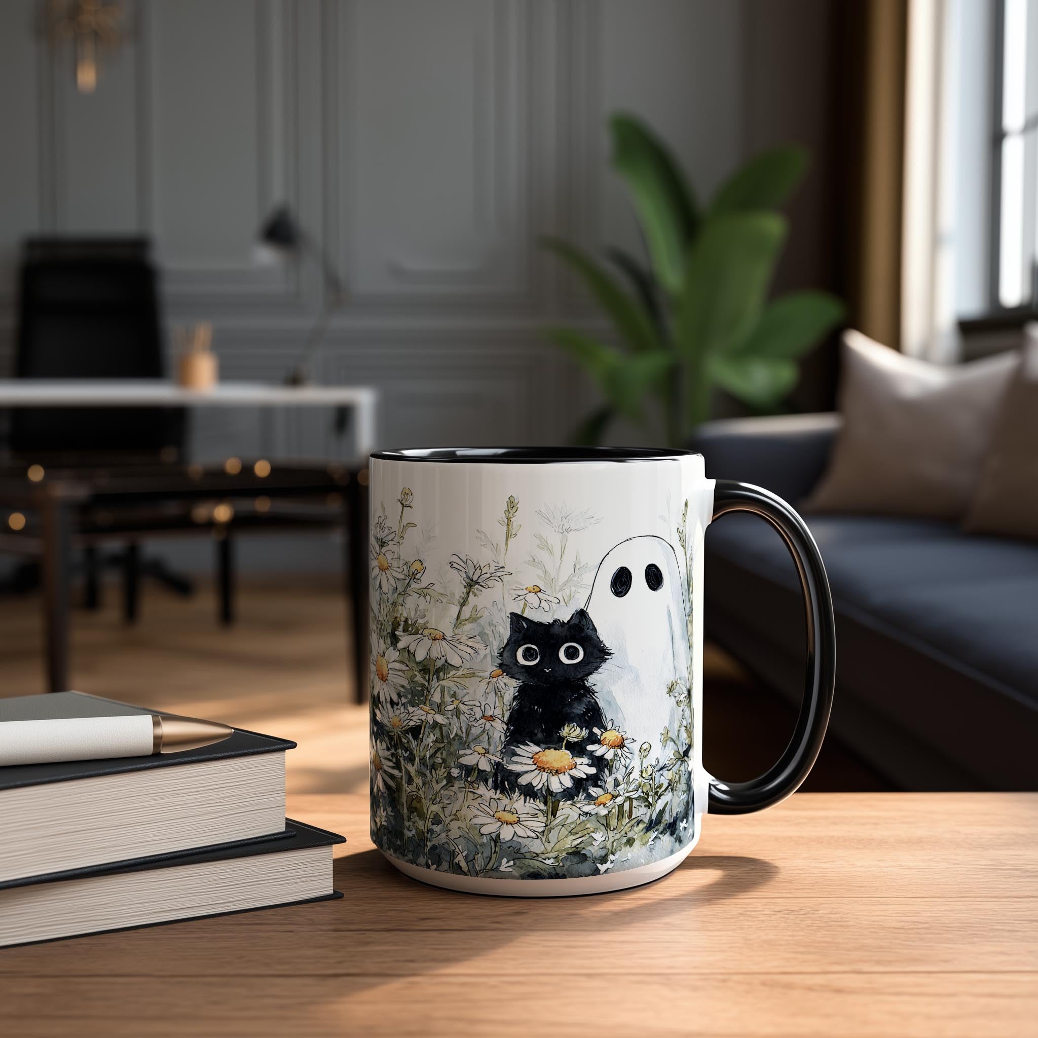 Black Cat and Ghost in the Flowers - Halloween Mug