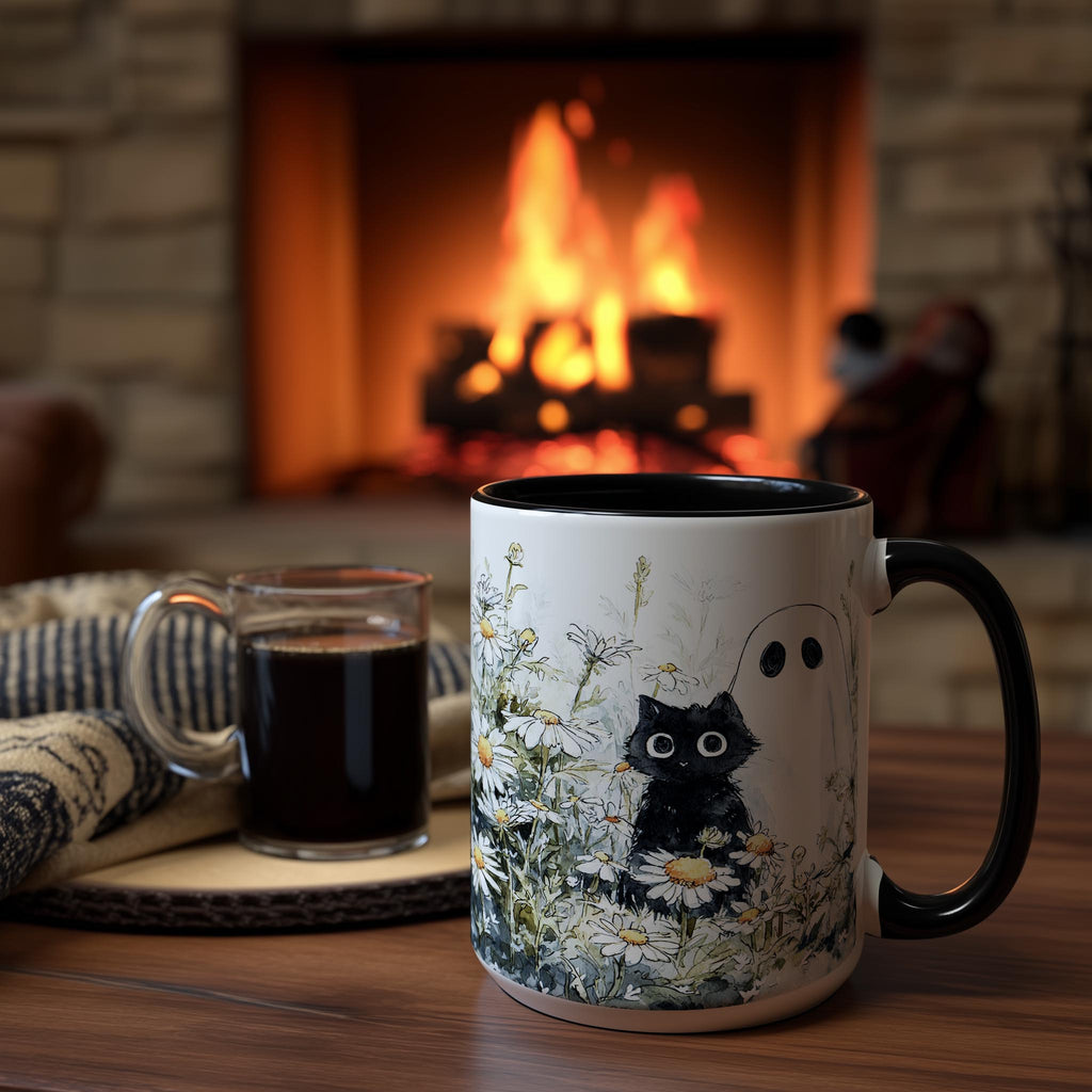 Black Cat and Ghost in the Flowers - Halloween Mug