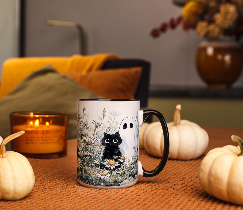 Black Cat and Ghost in the Flowers - Halloween Mug