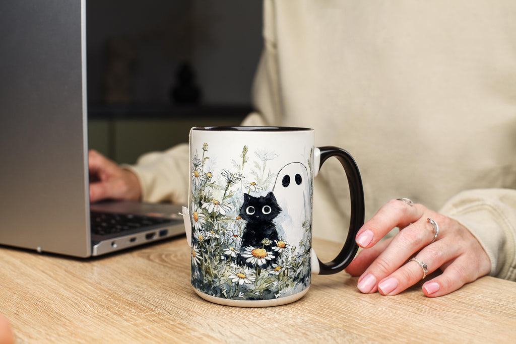 Black Cat and Ghost in the Flowers - Halloween Mug