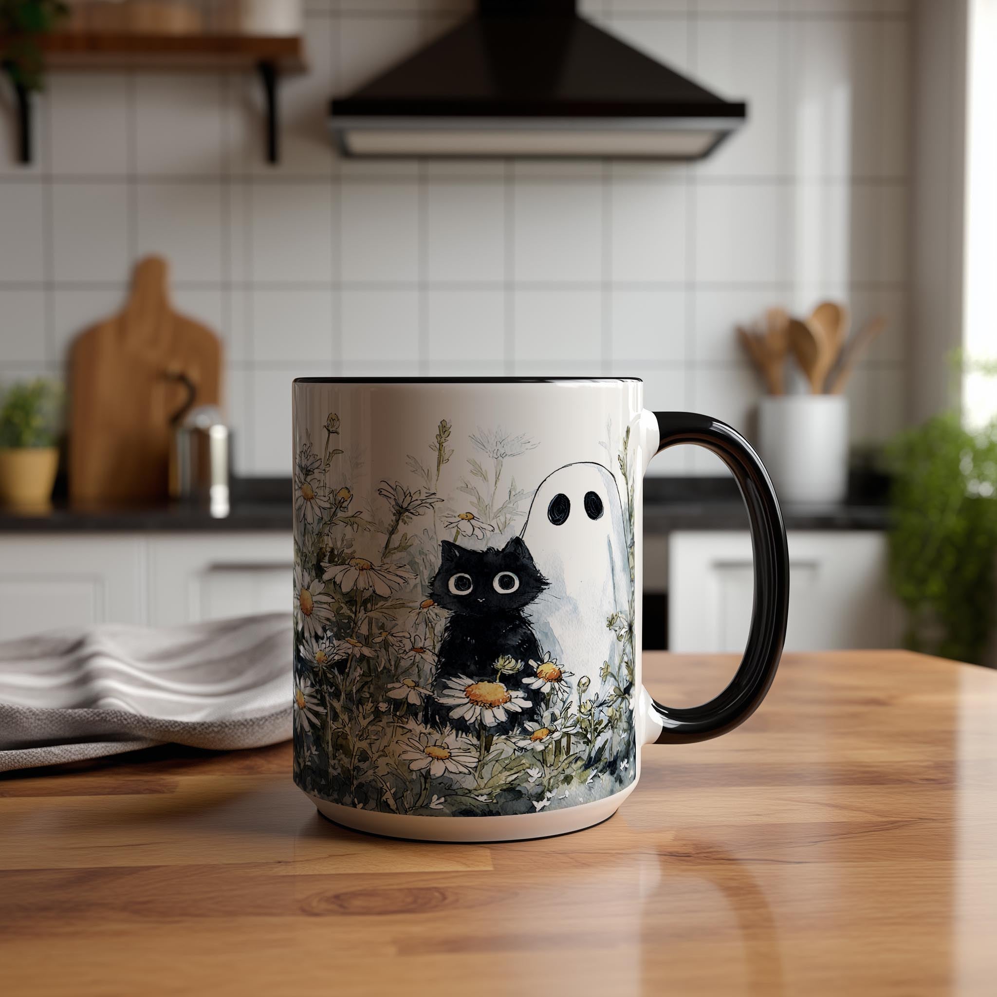 Black Cat and Ghost in the Flowers - Halloween Mug