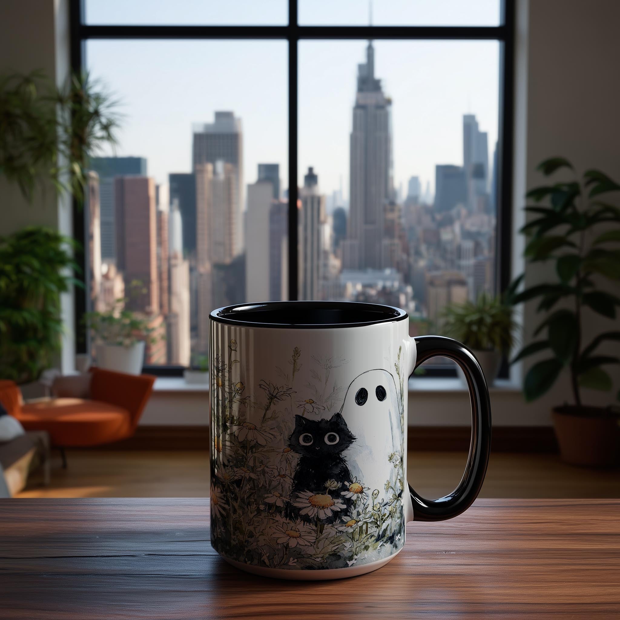 Black Cat and Ghost in the Flowers - Halloween Mug