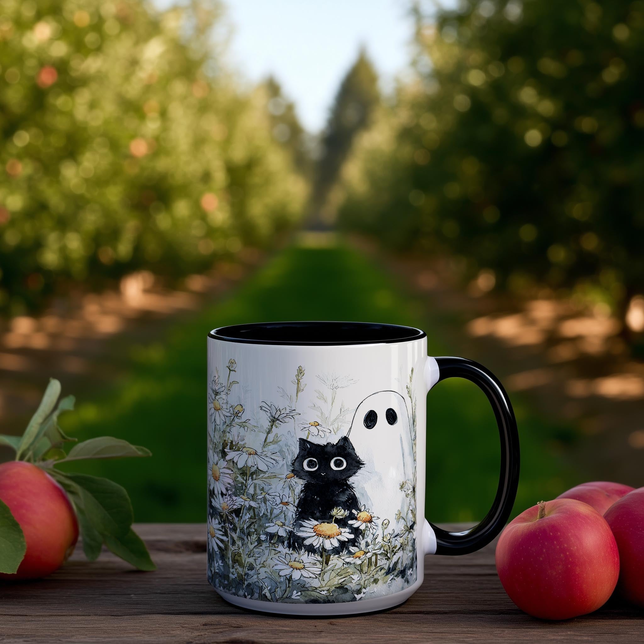 Black Cat and Ghost in the Flowers - Halloween Mug