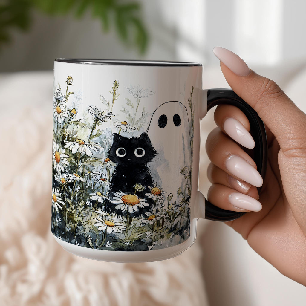 Black Cat and Ghost in the Flowers - Halloween Mug