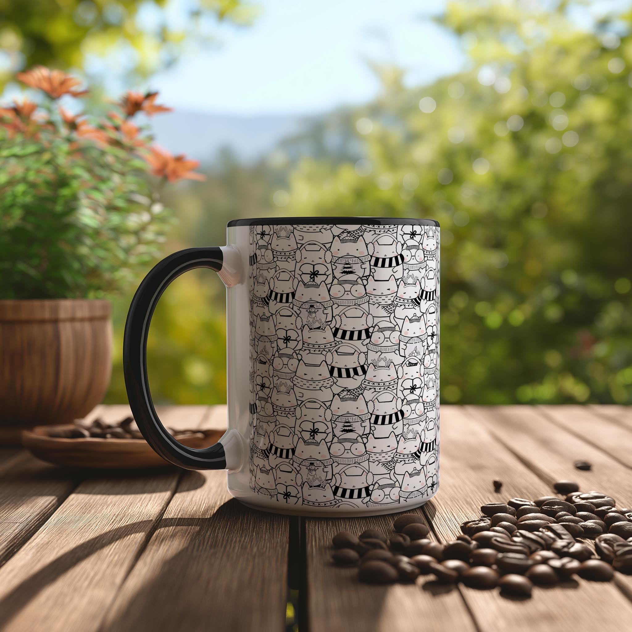 Winter Ready Doodle Cat Pattern - Pet Lovers Mug