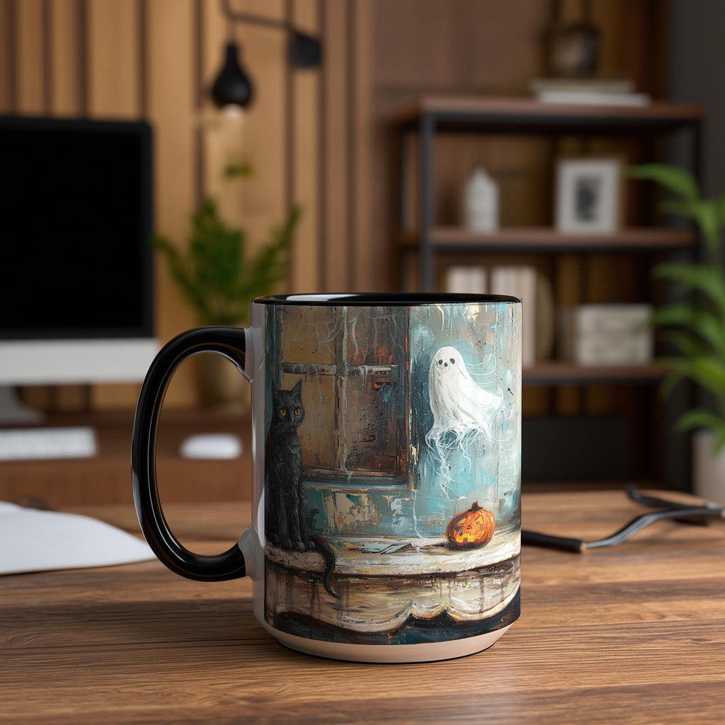Oil Painting Cat and Ghost - Halloween Mug