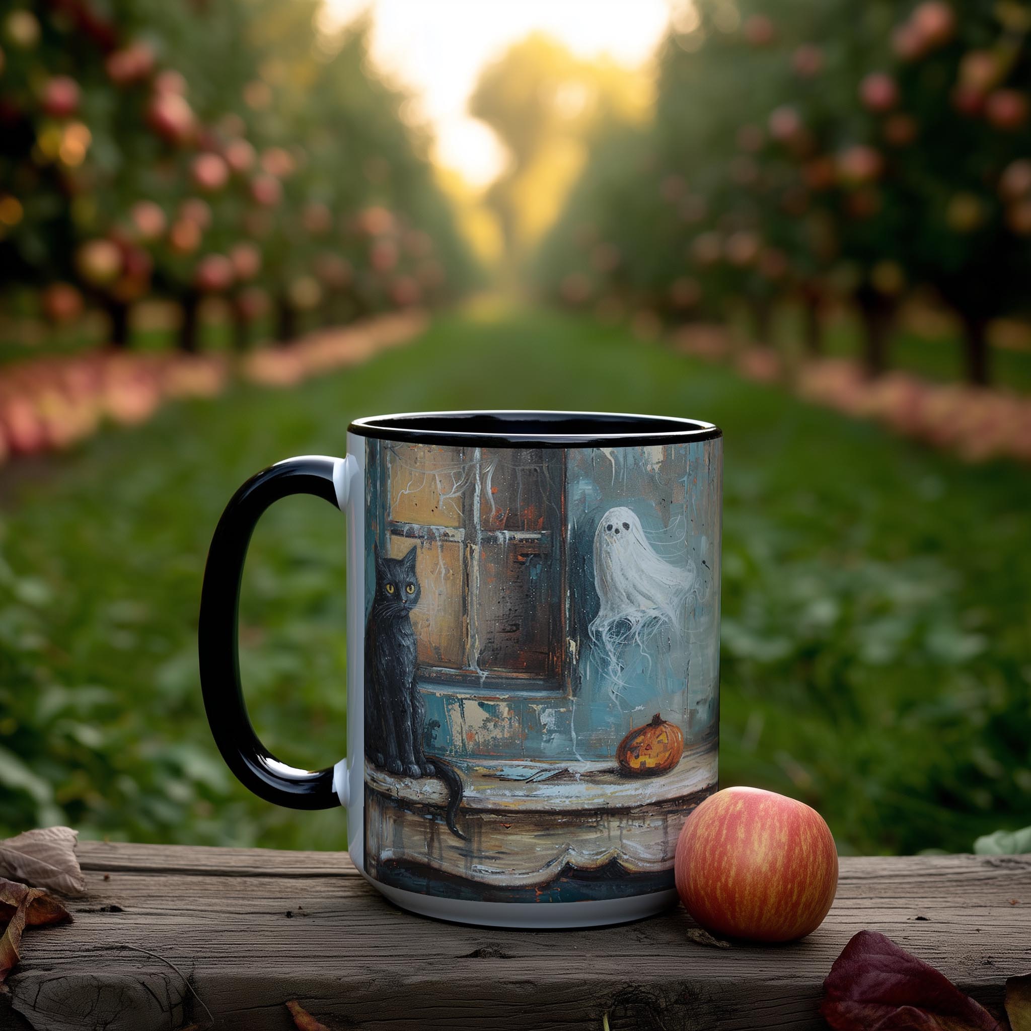 Oil Painting Cat and Ghost - Halloween Mug