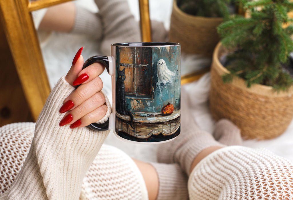 Oil Painting Cat and Ghost - Halloween Mug