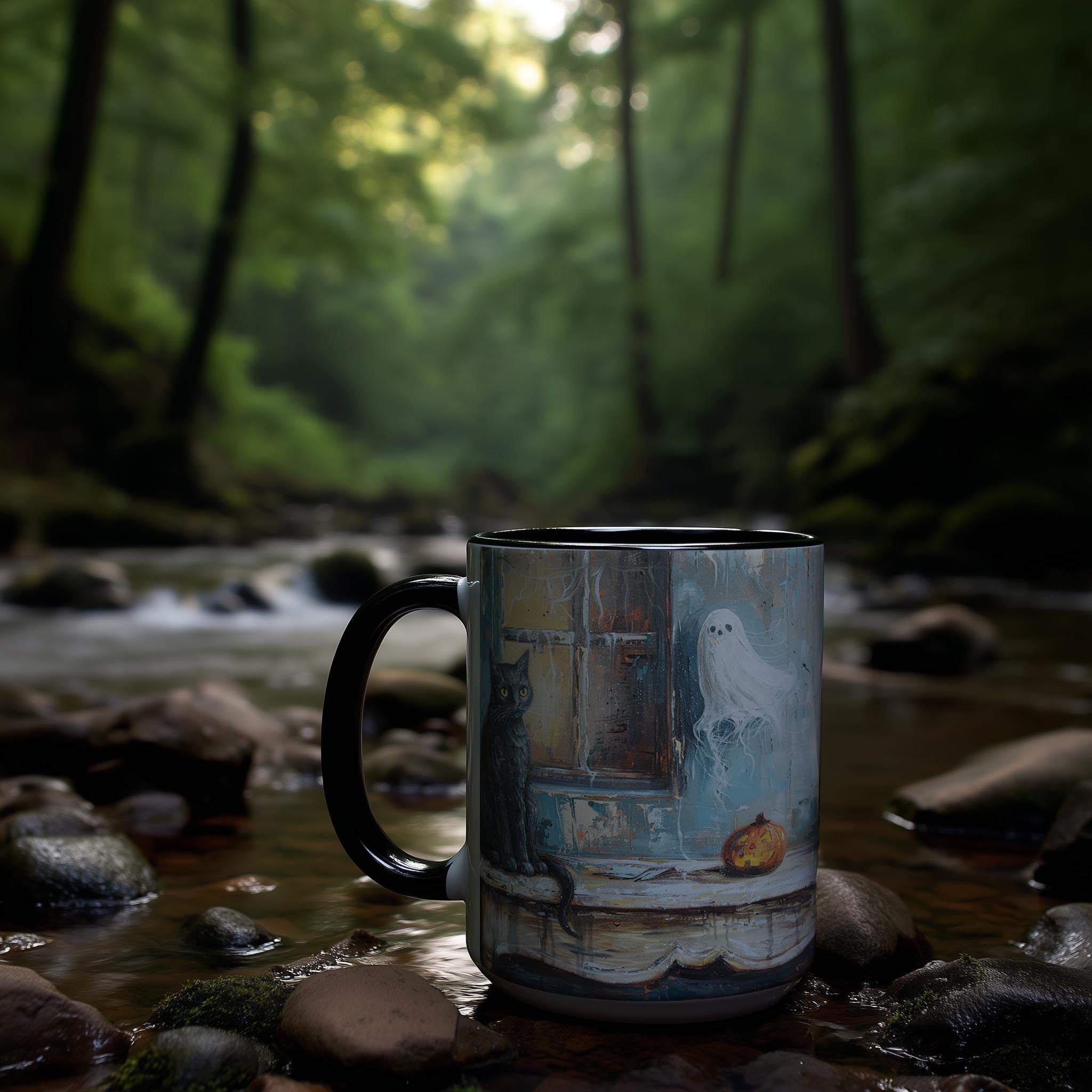 Oil Painting Cat and Ghost - Halloween Mug