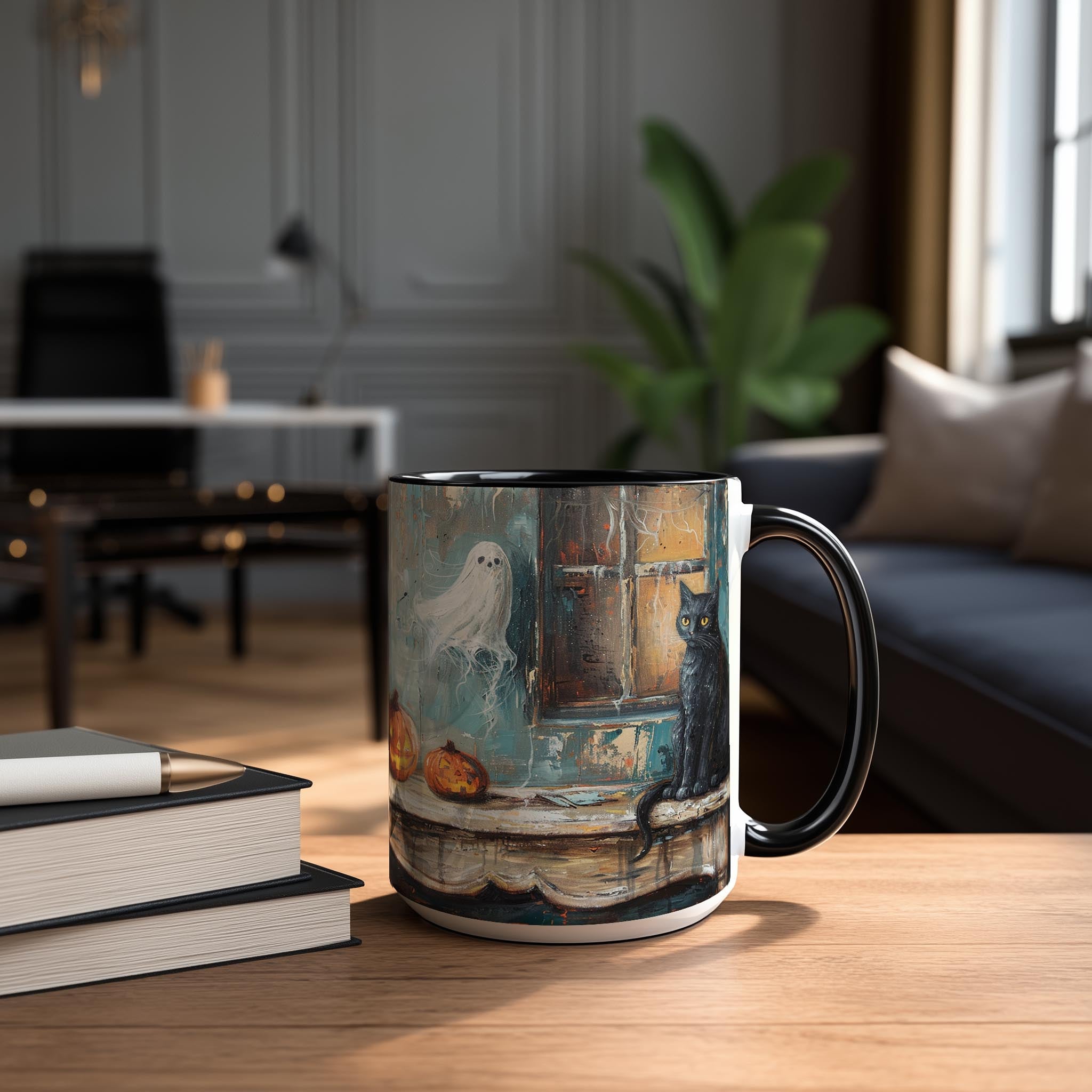 Oil Painting Cat and Ghost - Halloween Mug