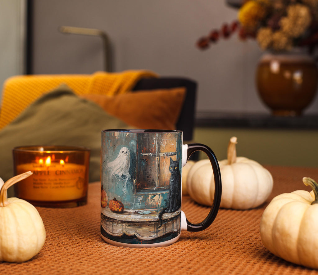 Oil Painting Cat and Ghost - Halloween Mug