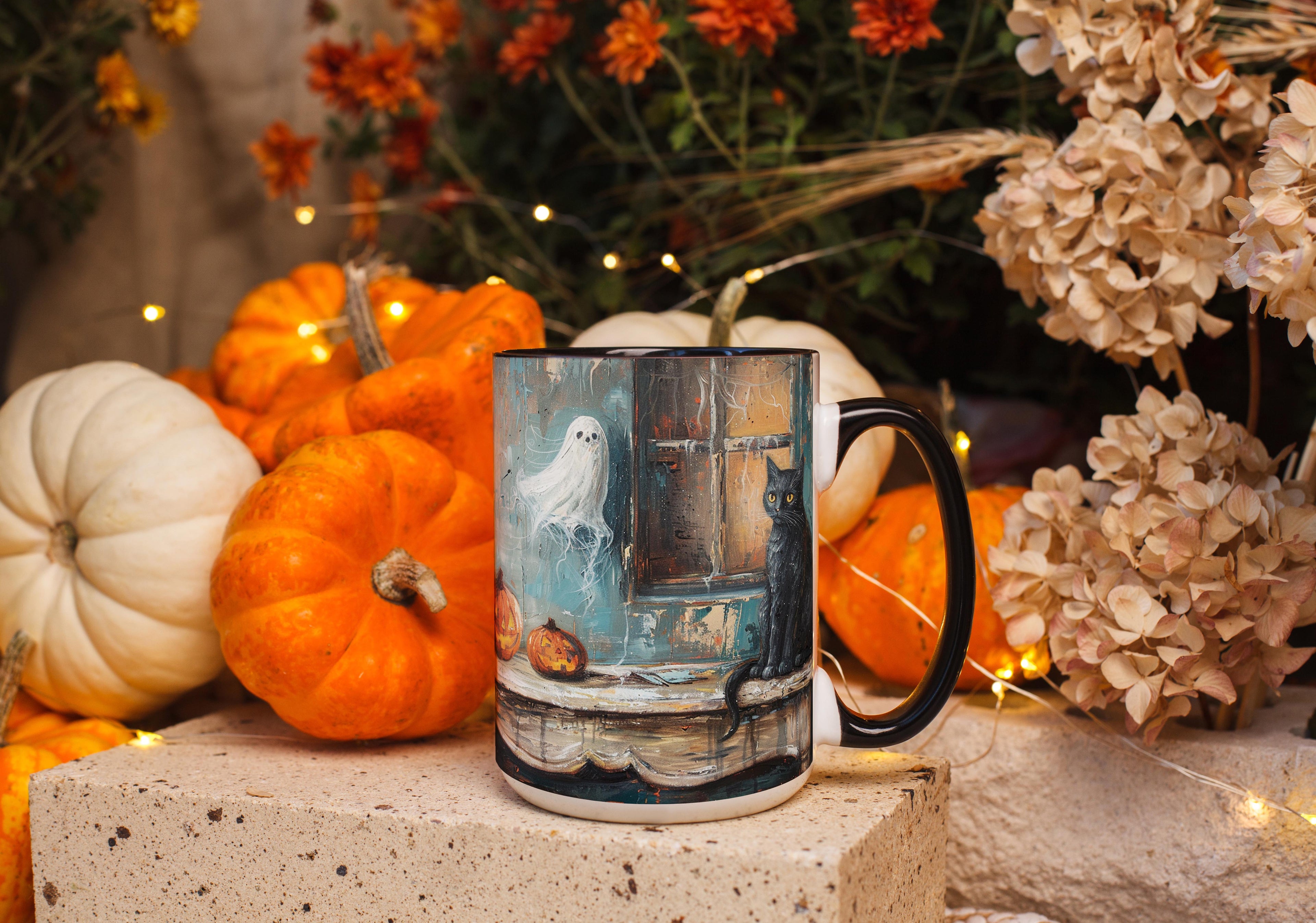 Oil Painting Cat and Ghost - Halloween Mug