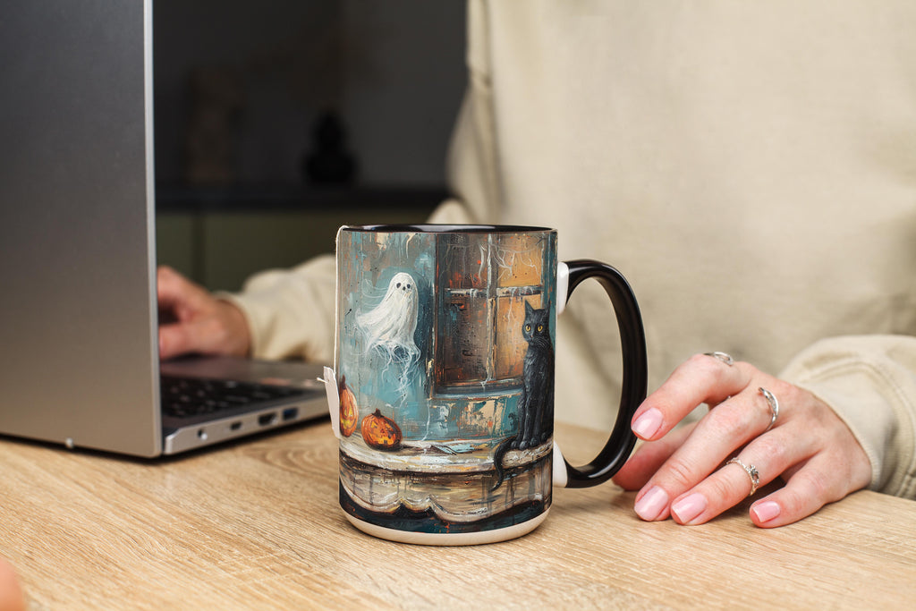 Oil Painting Cat and Ghost - Halloween Mug