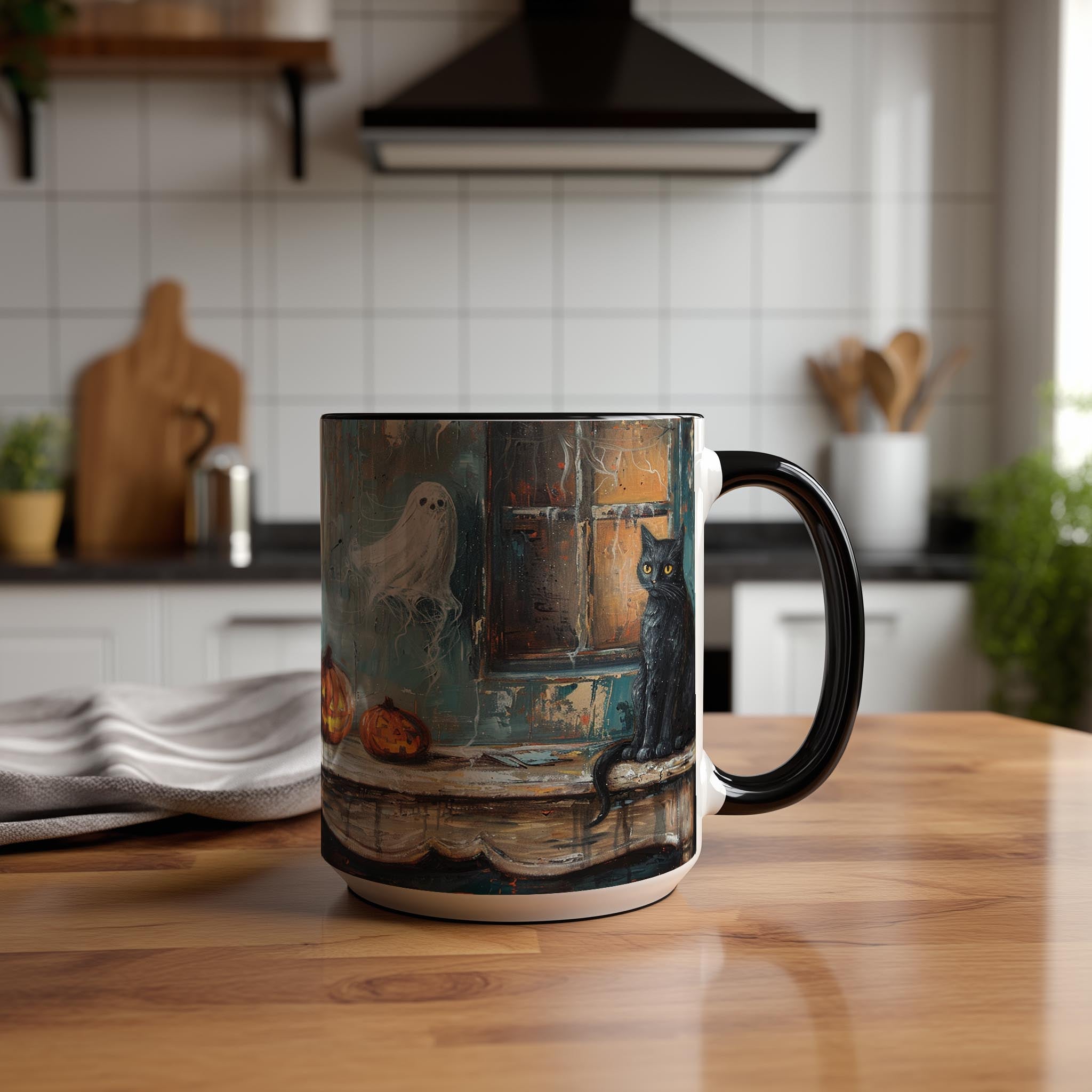 Oil Painting Cat and Ghost - Halloween Mug