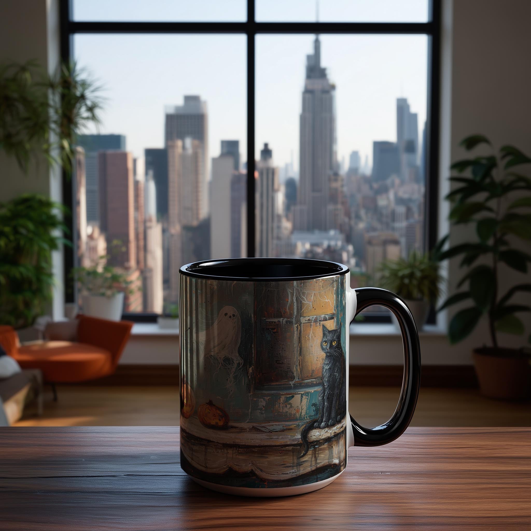 Oil Painting Cat and Ghost - Halloween Mug