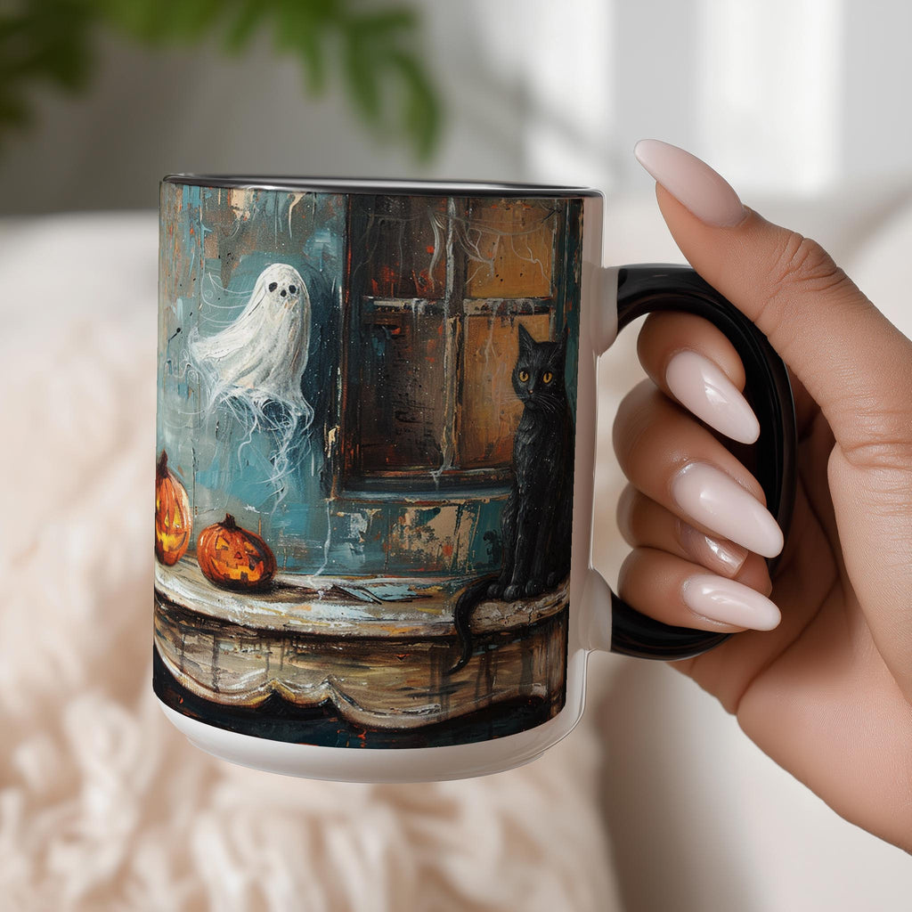Oil Painting Cat and Ghost - Halloween Mug