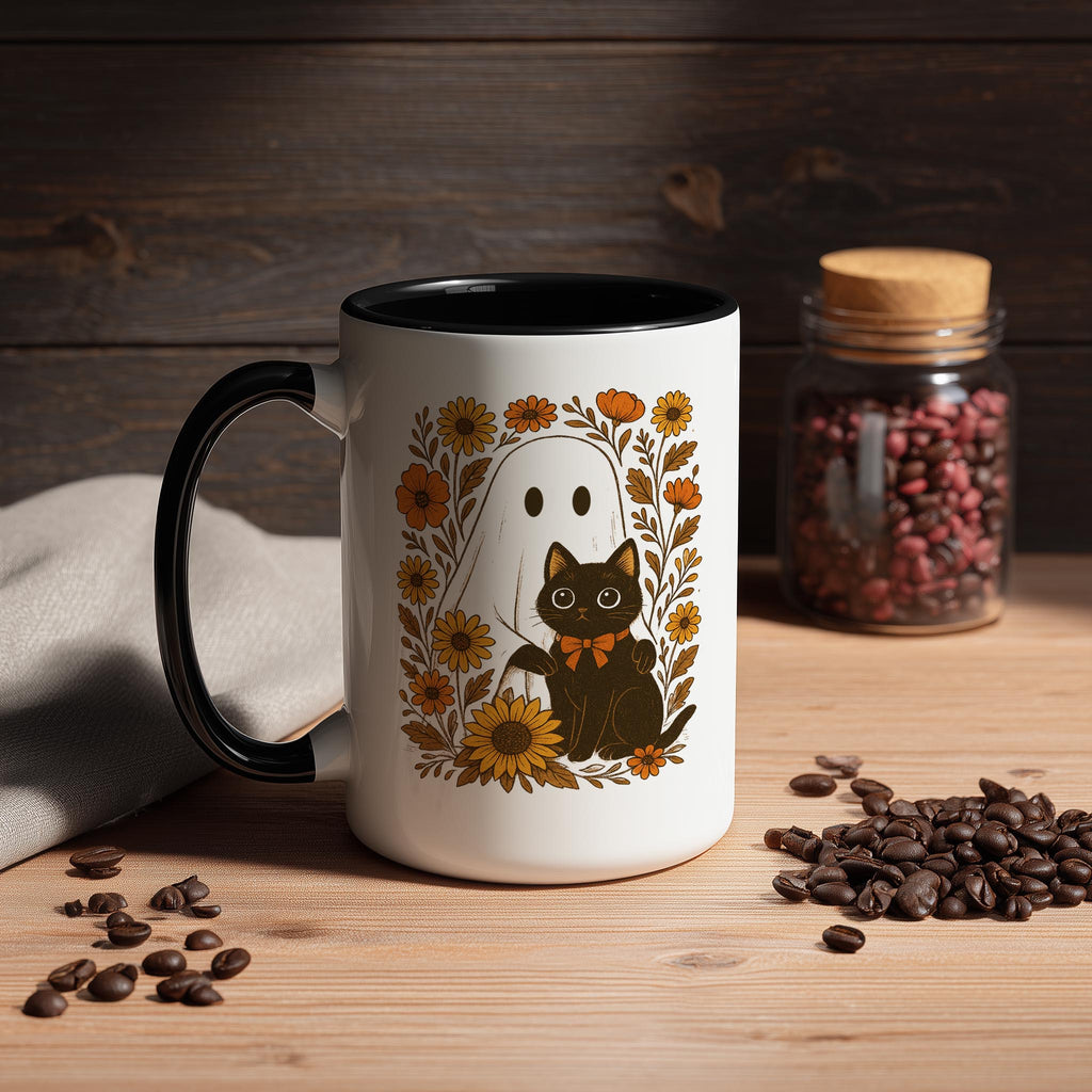 Ghost and Black Cat portrait - Halloween Mug