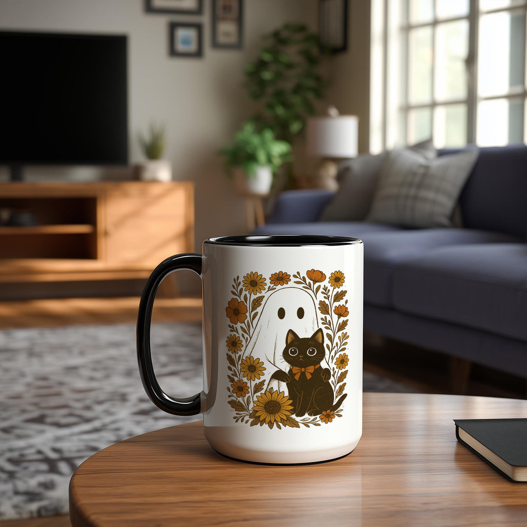 Ghost and Black Cat portrait - Halloween Mug