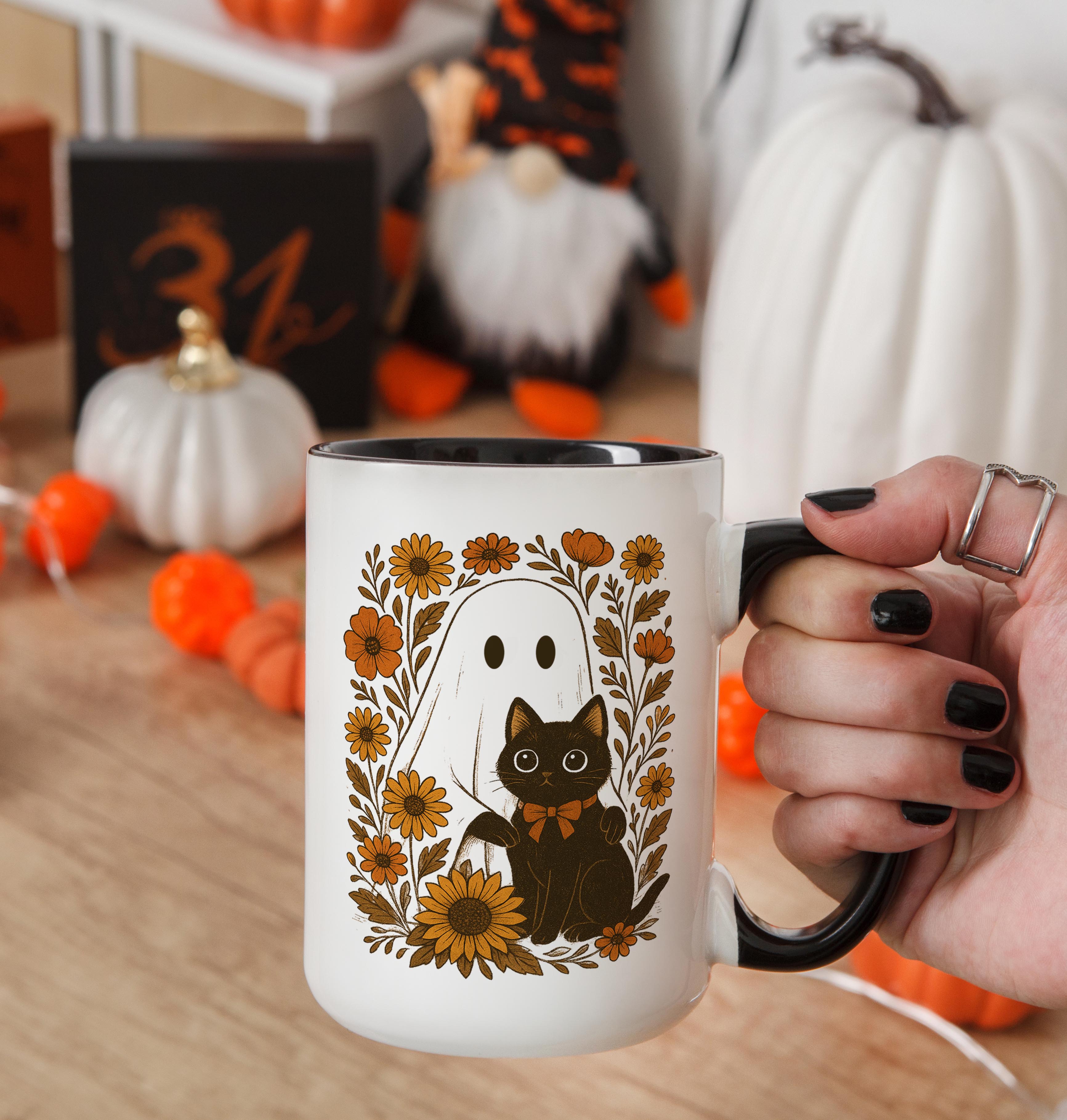 Ghost and Black Cat portrait - Halloween Mug