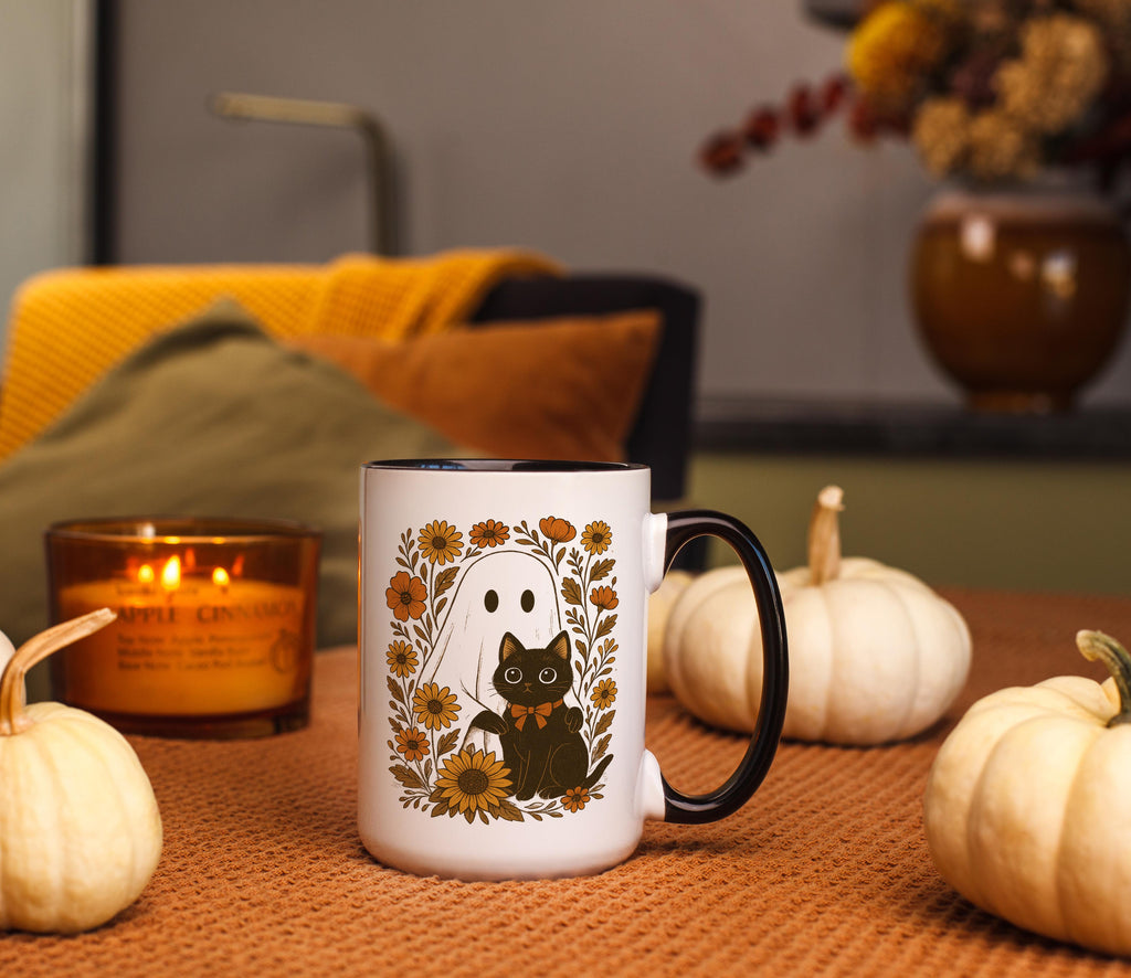 Ghost and Black Cat portrait - Halloween Mug
