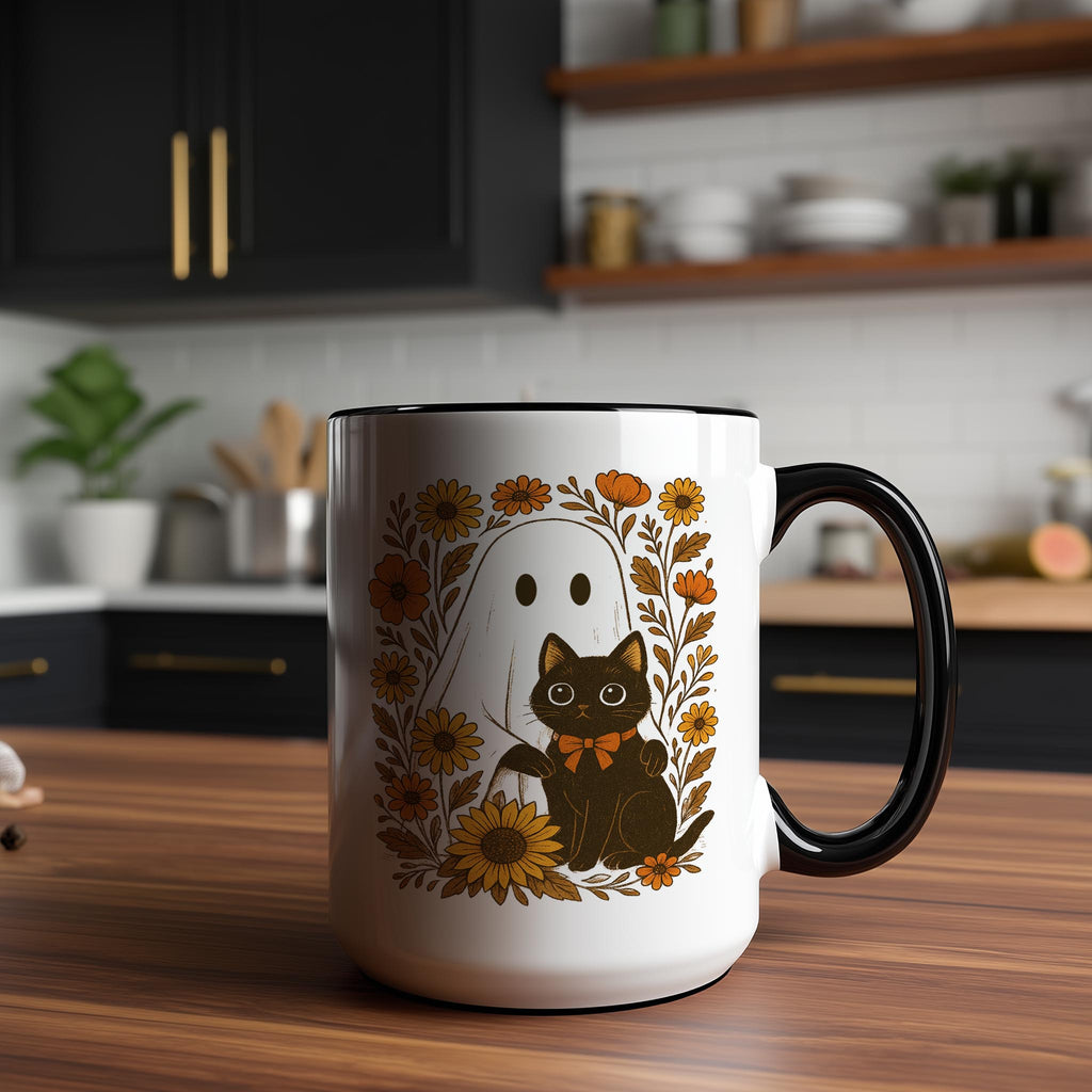 Ghost and Black Cat portrait - Halloween Mug