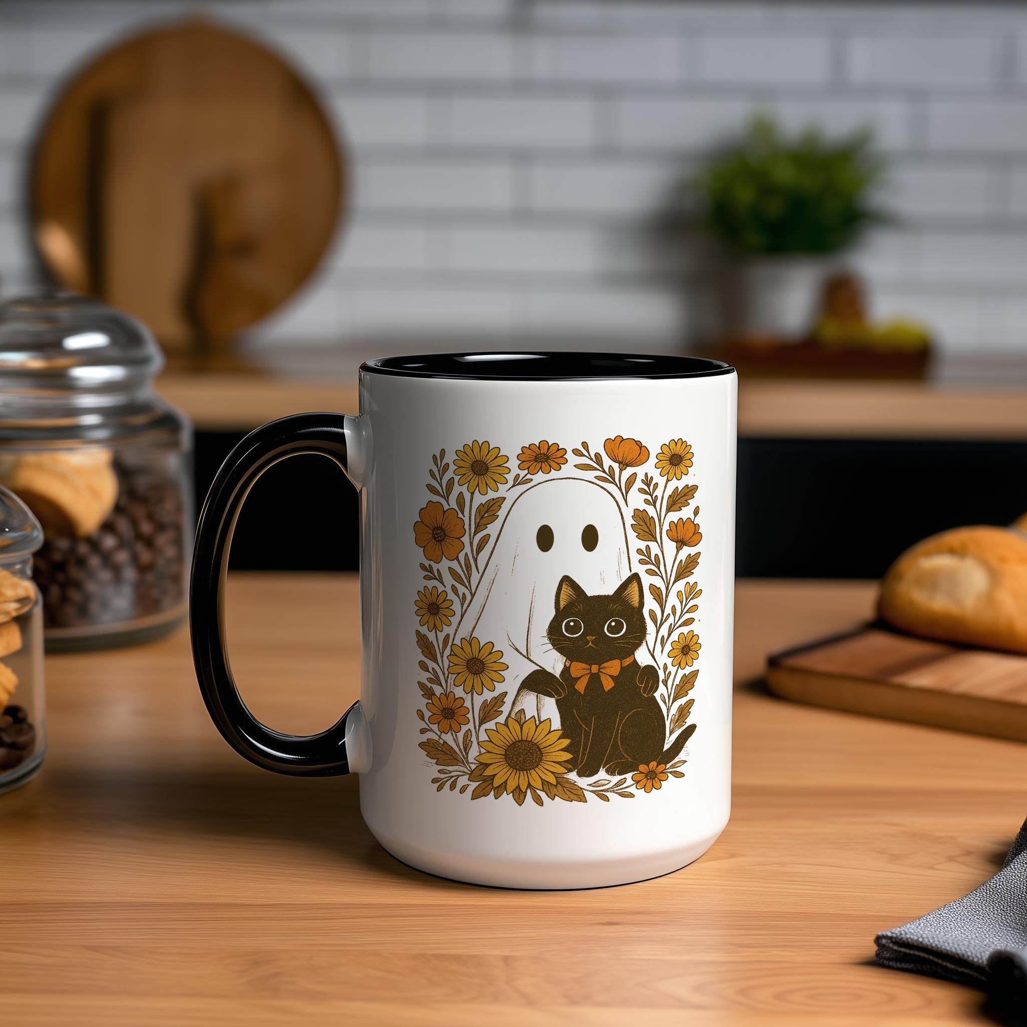 Ghost and Black Cat portrait - Halloween Mug