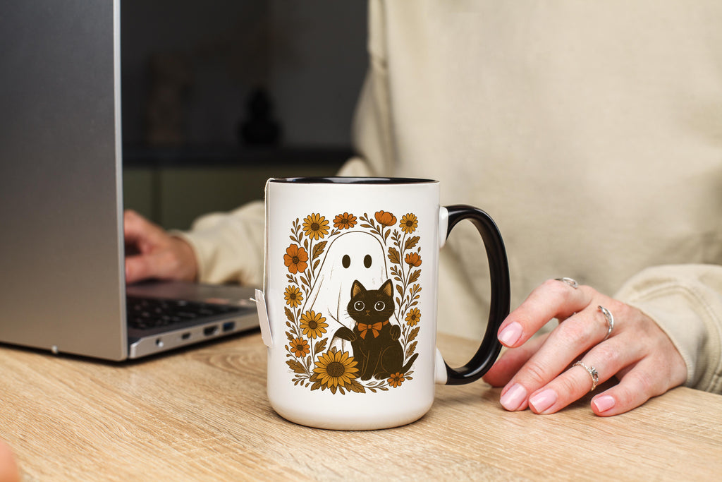 Ghost and Black Cat portrait - Halloween Mug