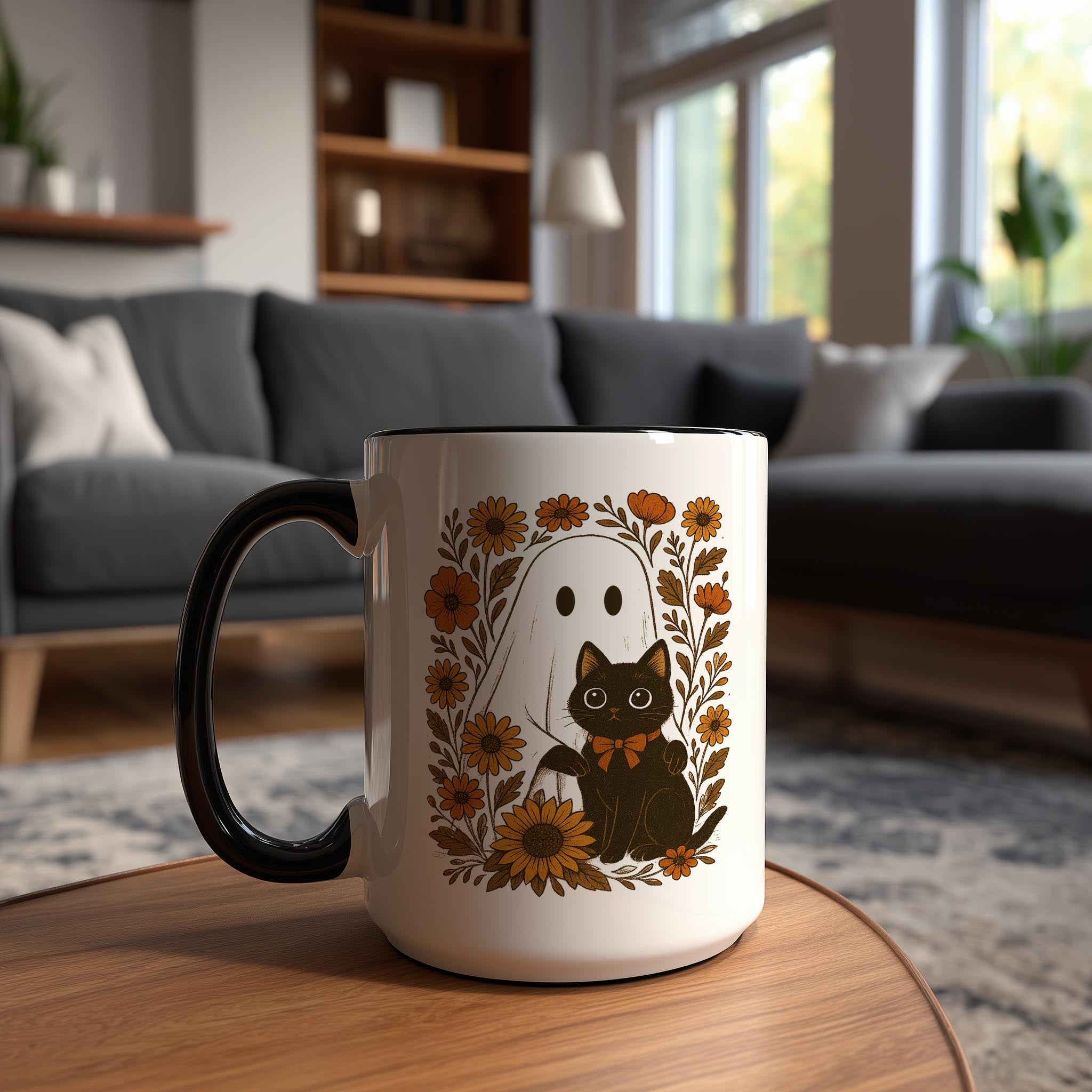 Ghost and Black Cat portrait - Halloween Mug