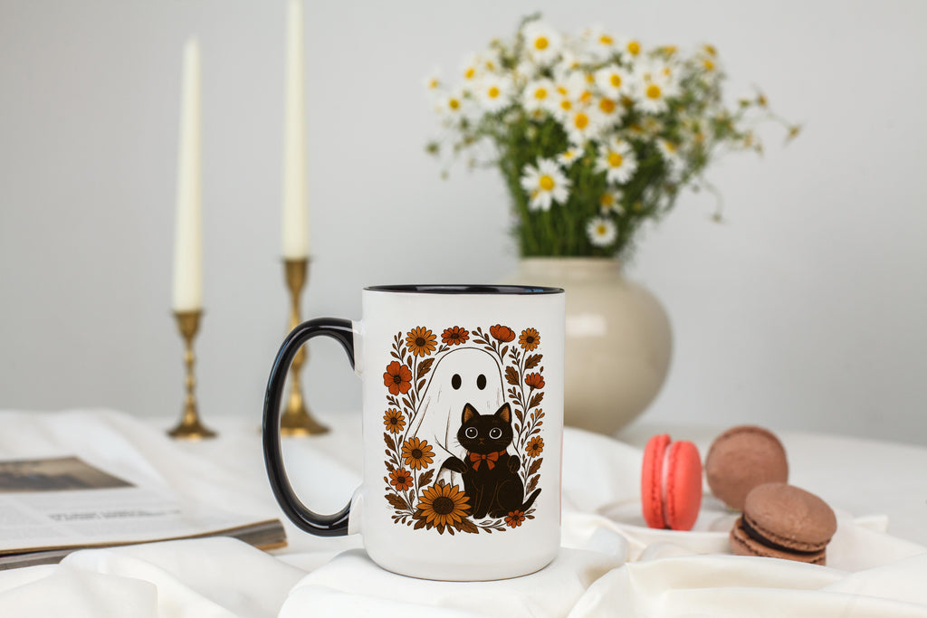 Ghost and Black Cat portrait - Halloween Mug