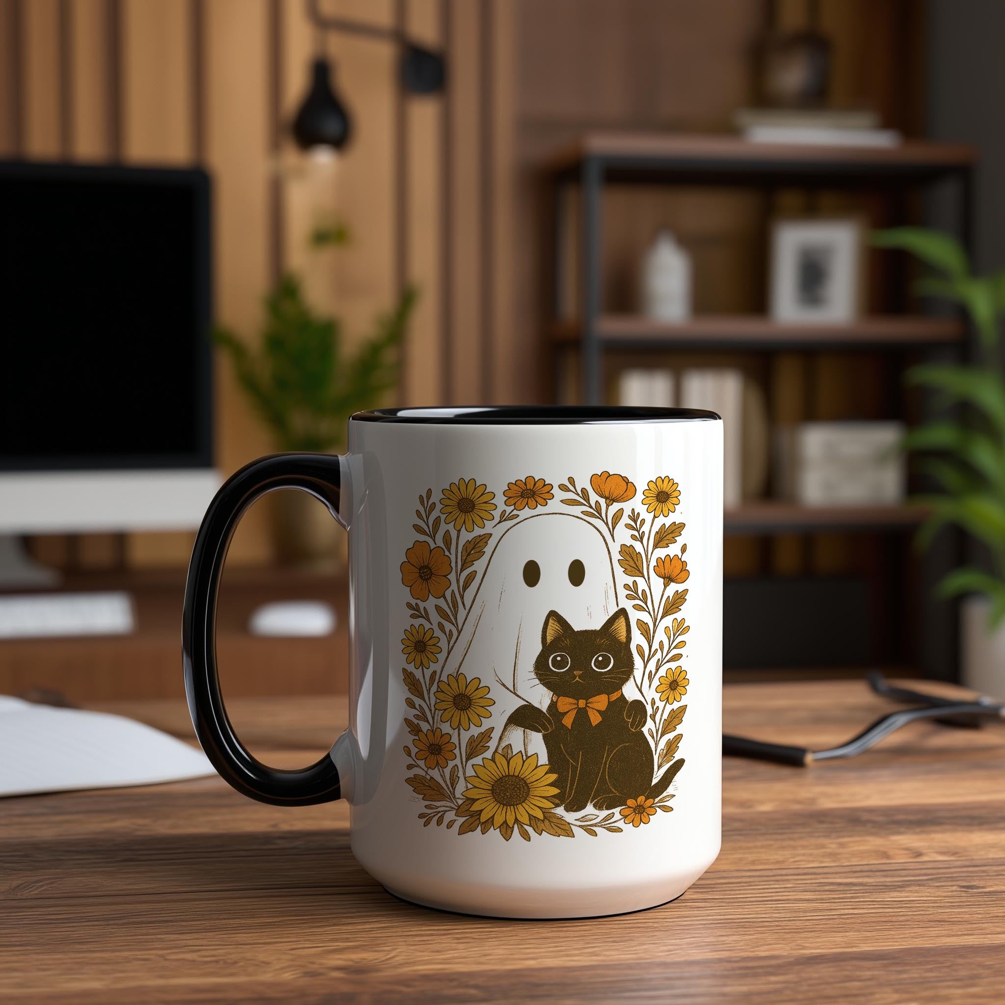 Ghost and Black Cat portrait - Halloween Mug