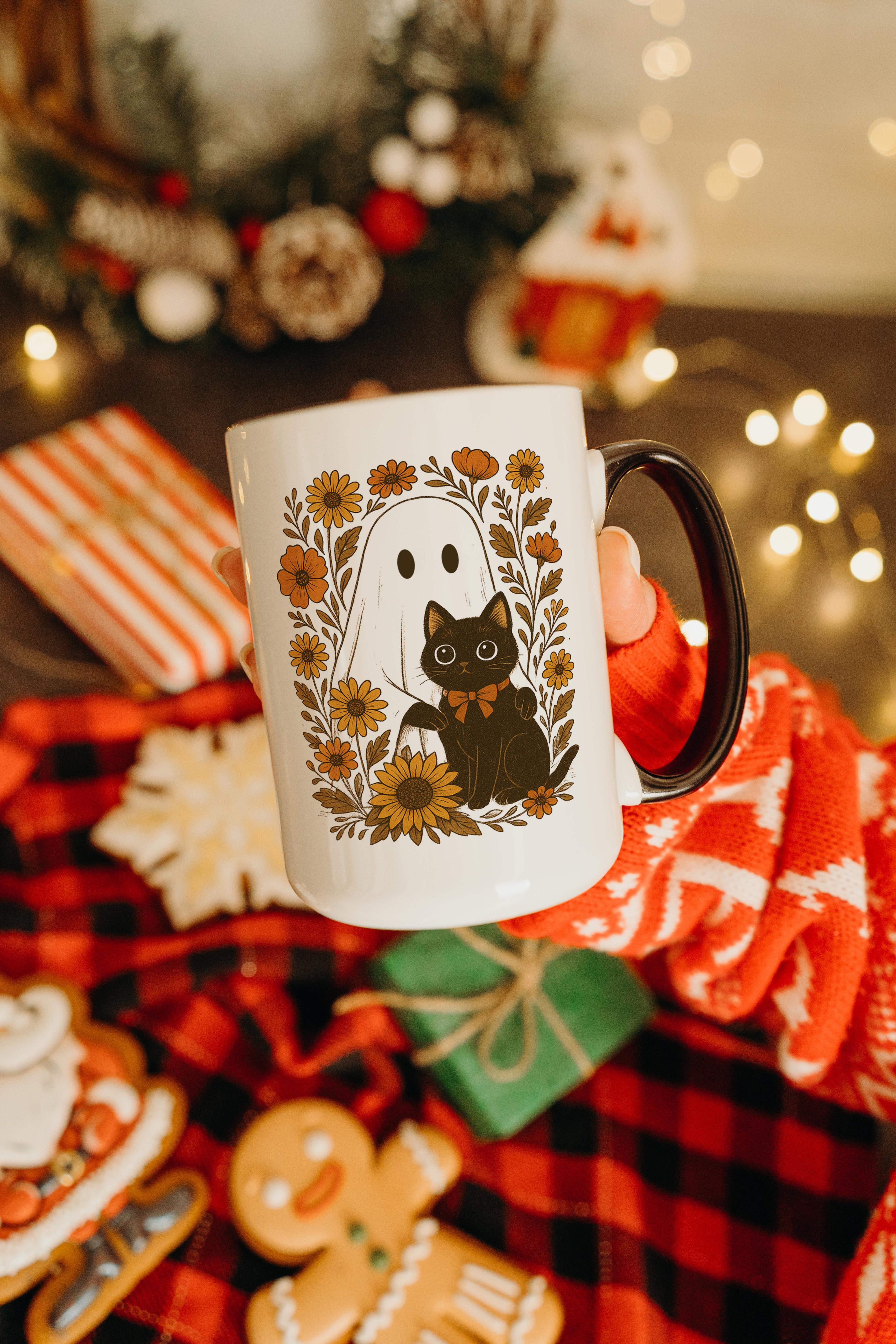Ghost and Black Cat portrait - Halloween Mug